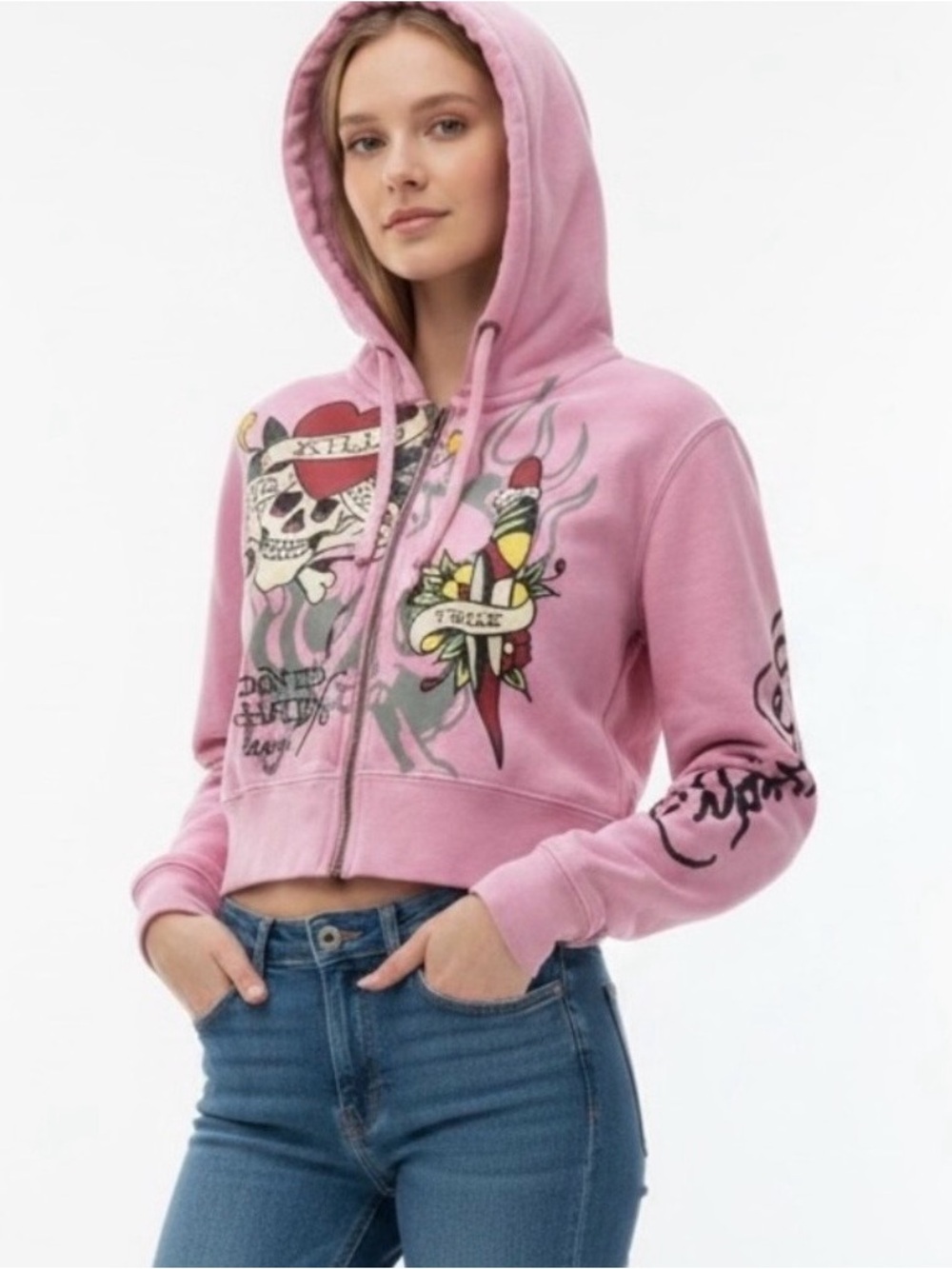 Ed Hardy Hoodie Pink Cropped Zip Up XS Love Kills Slowly Tiger Tattoo Y2K